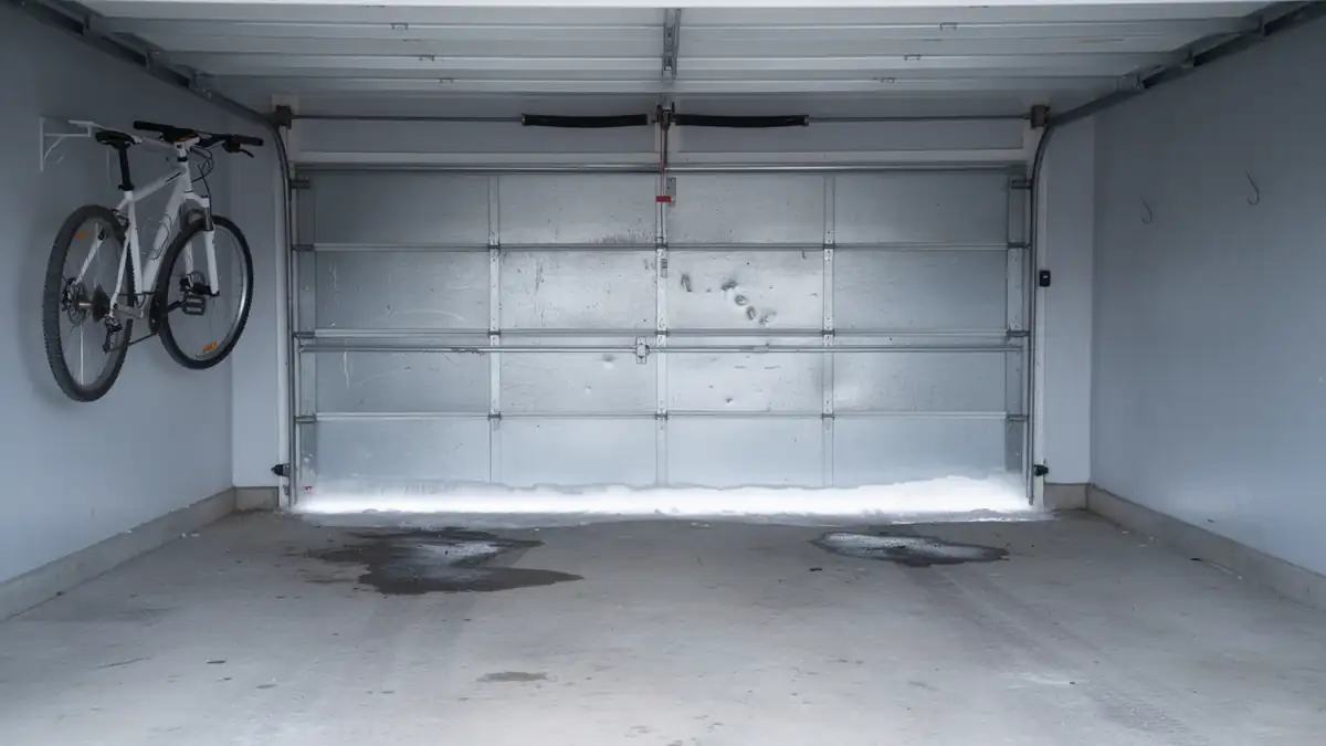 A closed garage door with snow and water on the floor, and a bicycle on the wall.