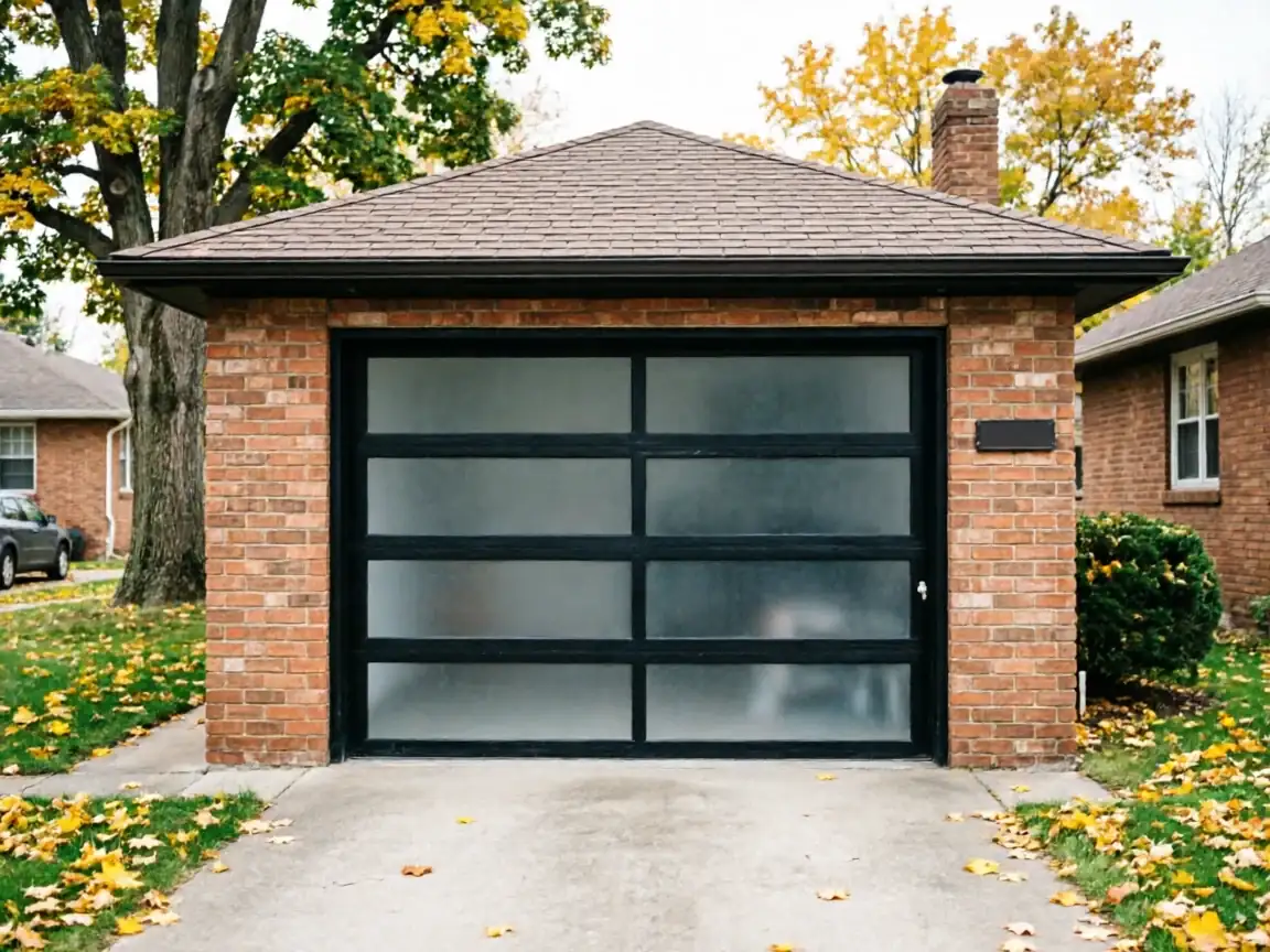 A brick garage with a modern black and frosted glass garage door.