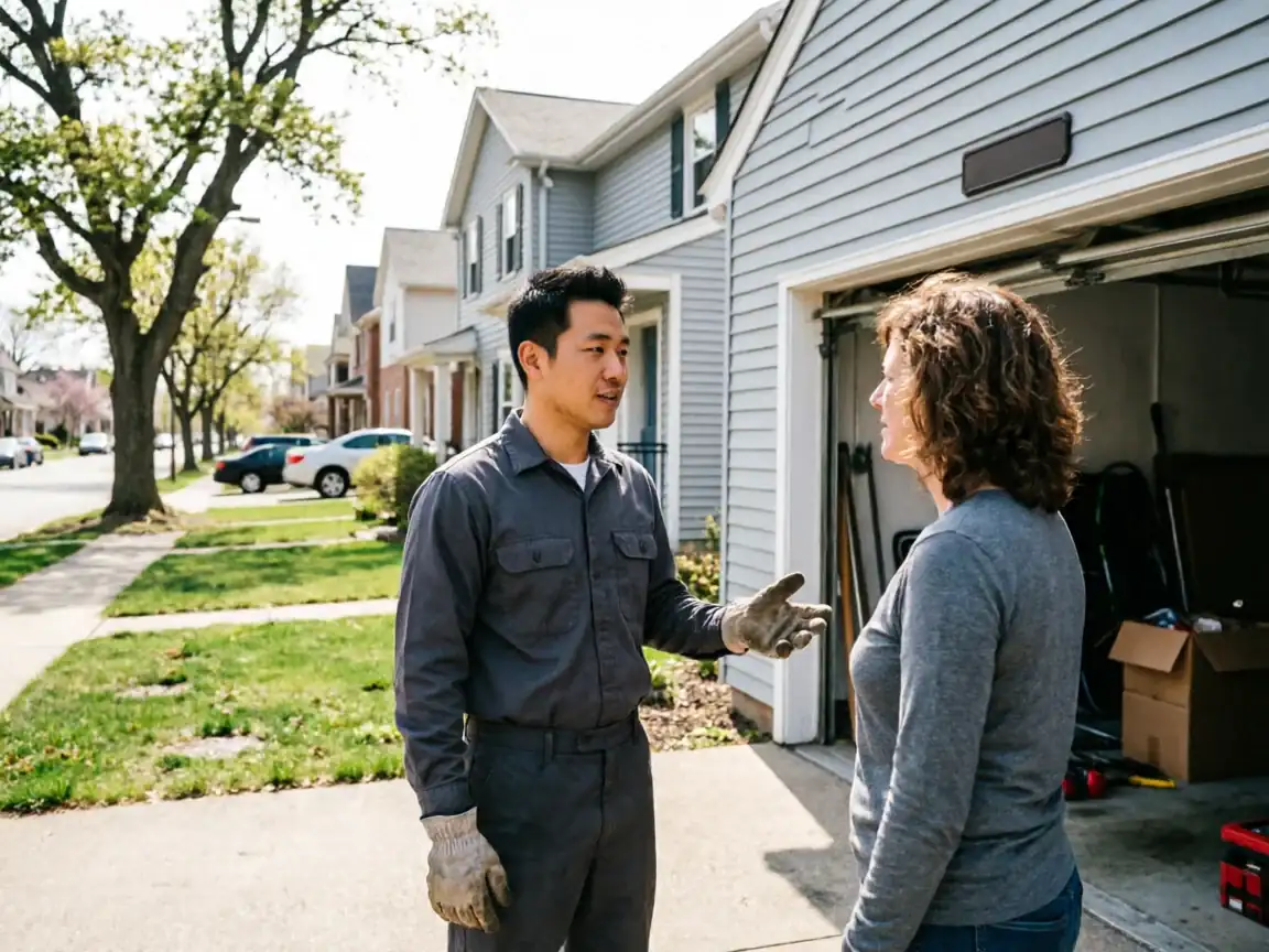 A technician talks to a woman in front of a light blue house with an open garage.