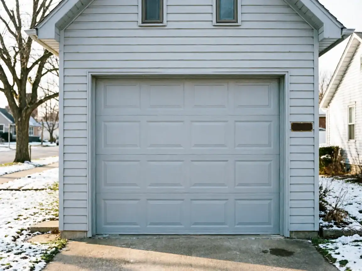 A light gray garage door is on a house with white siding and a snowy lawn.