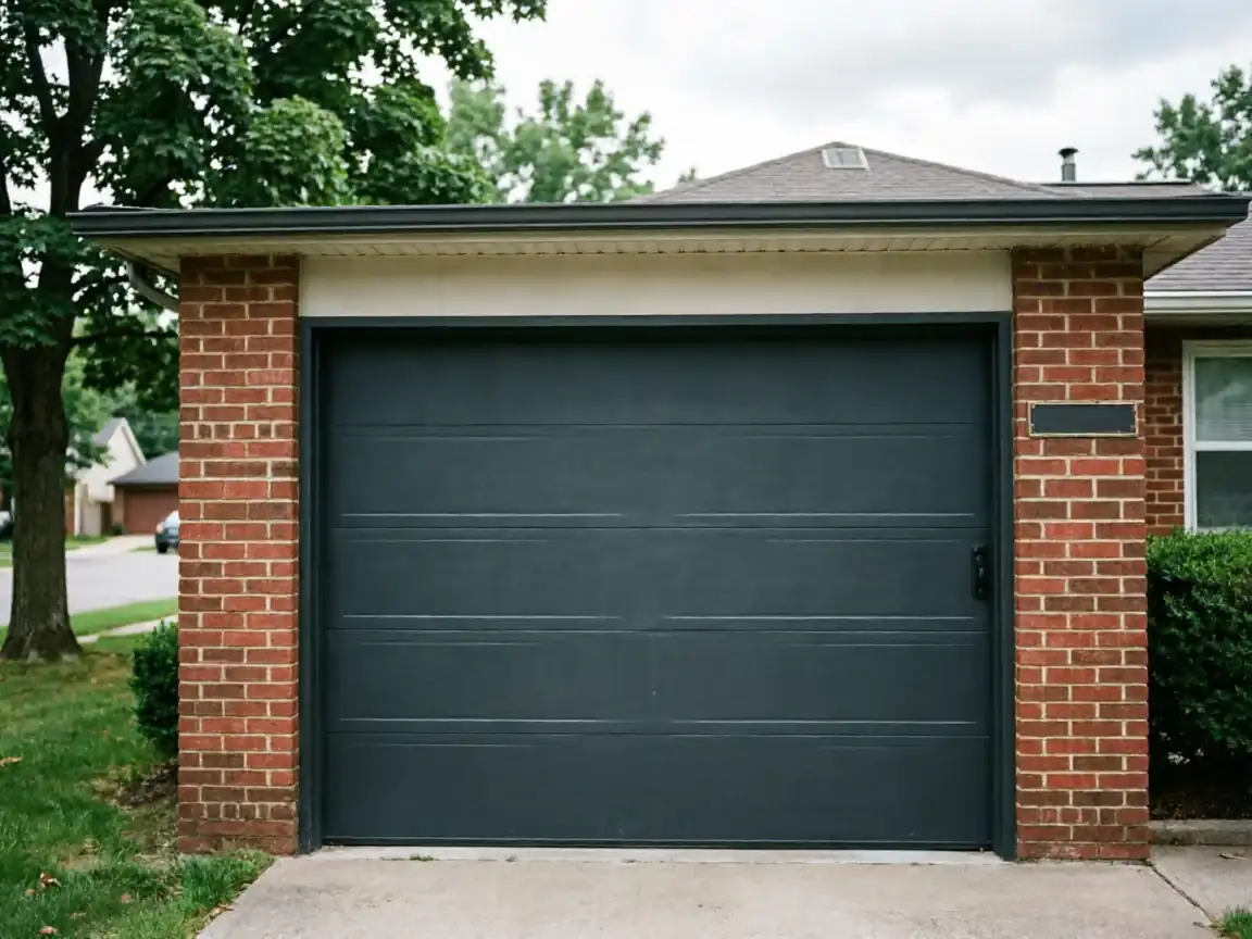A dark gray garage door is set into a red brick house.
