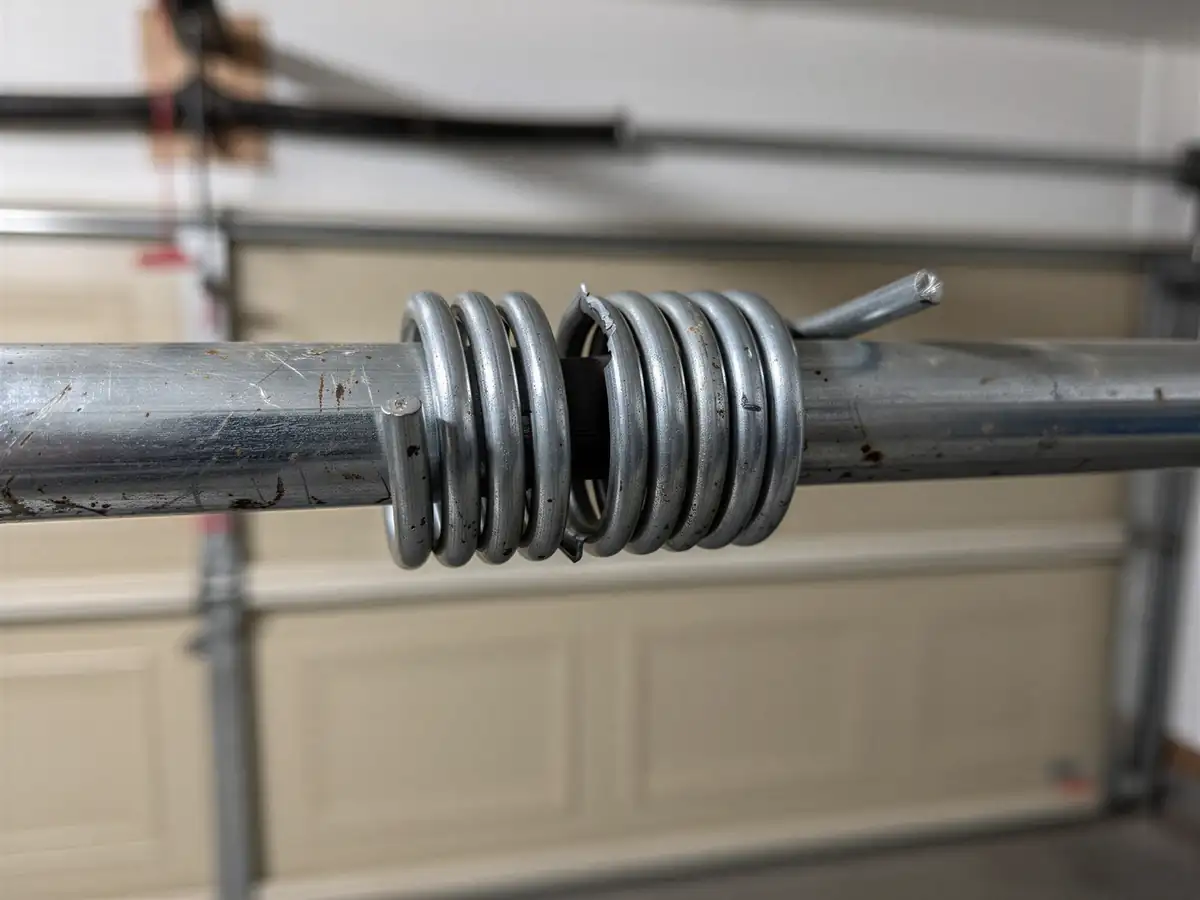 A broken torsion spring is on a metal rod in front of a garage door.